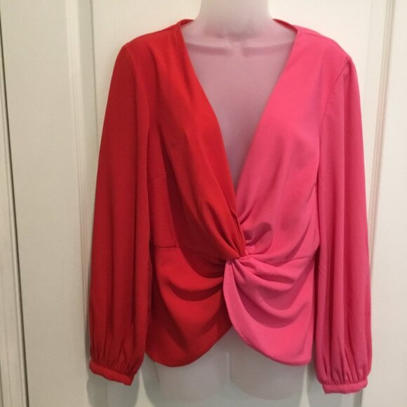 ASOS Colorblock Knot Front Blouse – Bold Red & Pink Statement Top Sz 10 - Picture 2 of 12